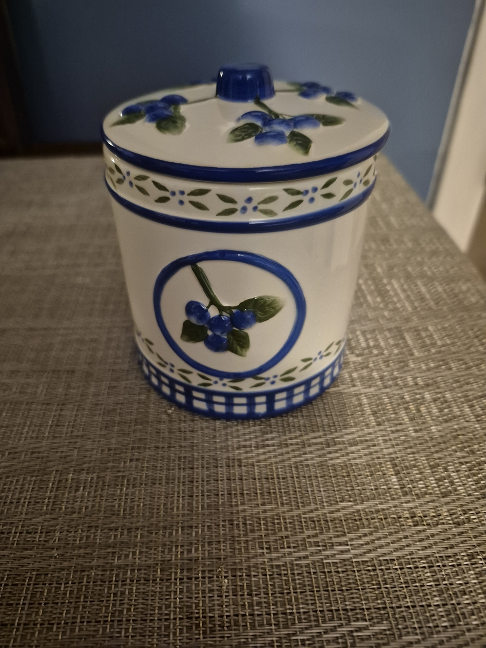 Blue Floral Ceramic Canister with Lid and Blue Candle